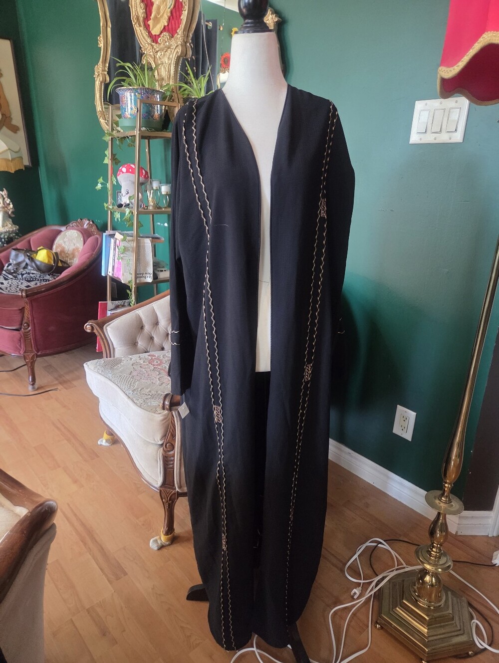 Long Black Embroidered Open Front Duster